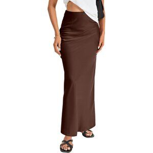 Women's Dark Brown Elegant Satin Silky High Waist Zipper Flowy A Line Maxi Skirt